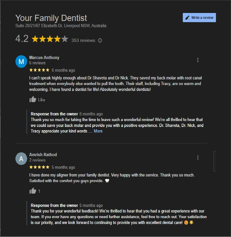 Our dental patients reviews on google